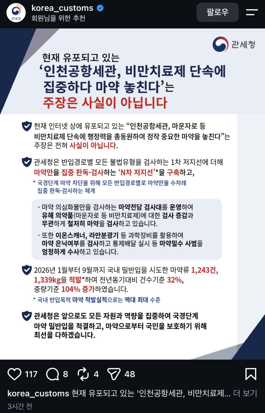 관세청 마약단속 공백 반박…”비만치료제 단속 탓 아냐”