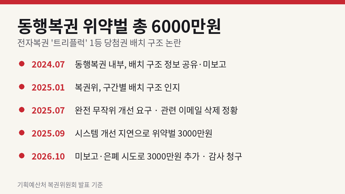 트리플럭 1등 배치 숨긴 동행복권, 위약벌 총 6000만원·감사 청구